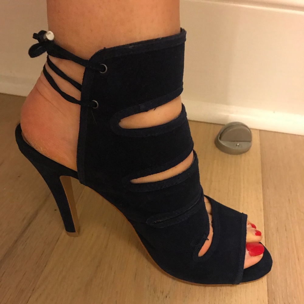 Navy Blue Leather Peep-toe Heel